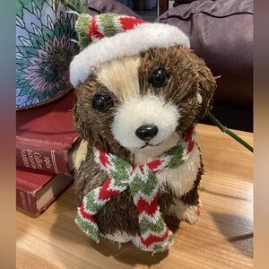 SOLD!Sisal Christmas Puppy Figurine with Hat/Scarf